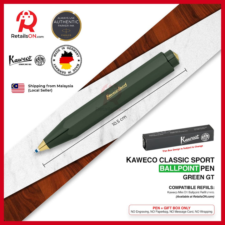 Kaweco Classic SPORT Ballpoint Pen - Green Gold Trim (with Blue - Medium (M) Refill) / {ORIGINAL} / [RetailsON] - RetailsON.com (Premium Retail Collections)