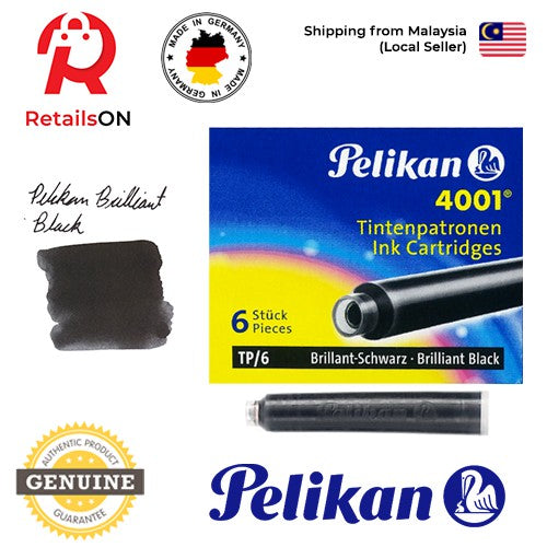Pelikan 4001/TP6 Ink Cartridges - Brilliant Black / International Fountain Pen Ink Cartridges (ORIGINAL) [1 Pack of 6] - RetailsON.com (Premium Retail Collections)