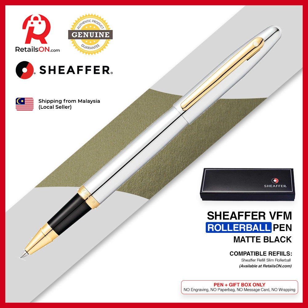 Sheaffer VFM Rollerball Pen - Pure Chrome Gold Trim (with Black - Medium (M) Refill) / {ORIGINAL} / [RetailsON] - RetailsON.com (Premium Retail Collections)