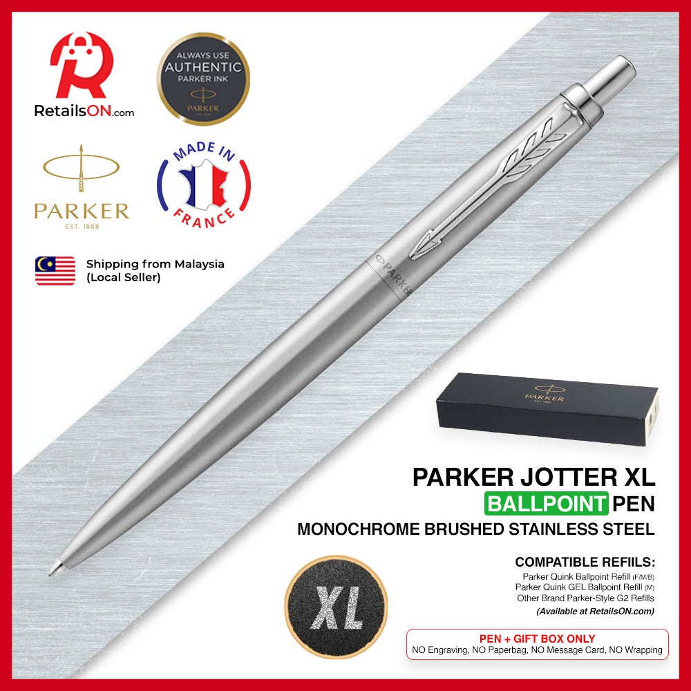 Parker Jotter XL Ballpoint Pen - Monochrome Brushed Steel (with Black - Medium (M) Refill) / {ORIGINAL} / [RetailsON] - RetailsON.com (Premium Retail Collections)