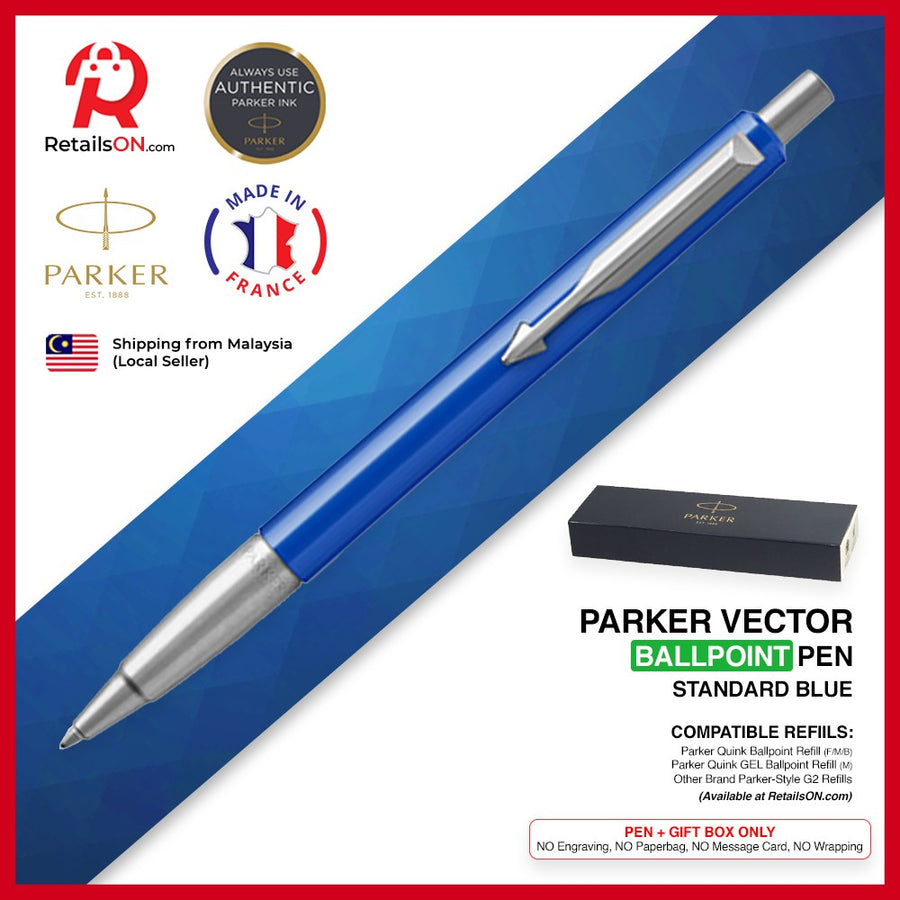 Parker Vector Ballpoint Pen - Standard Blue Chrome Trim (with Blue - Medium (M) Refill) / {ORIGINAL} / [RetailsON] - RetailsON.com (Premium Retail Collections)