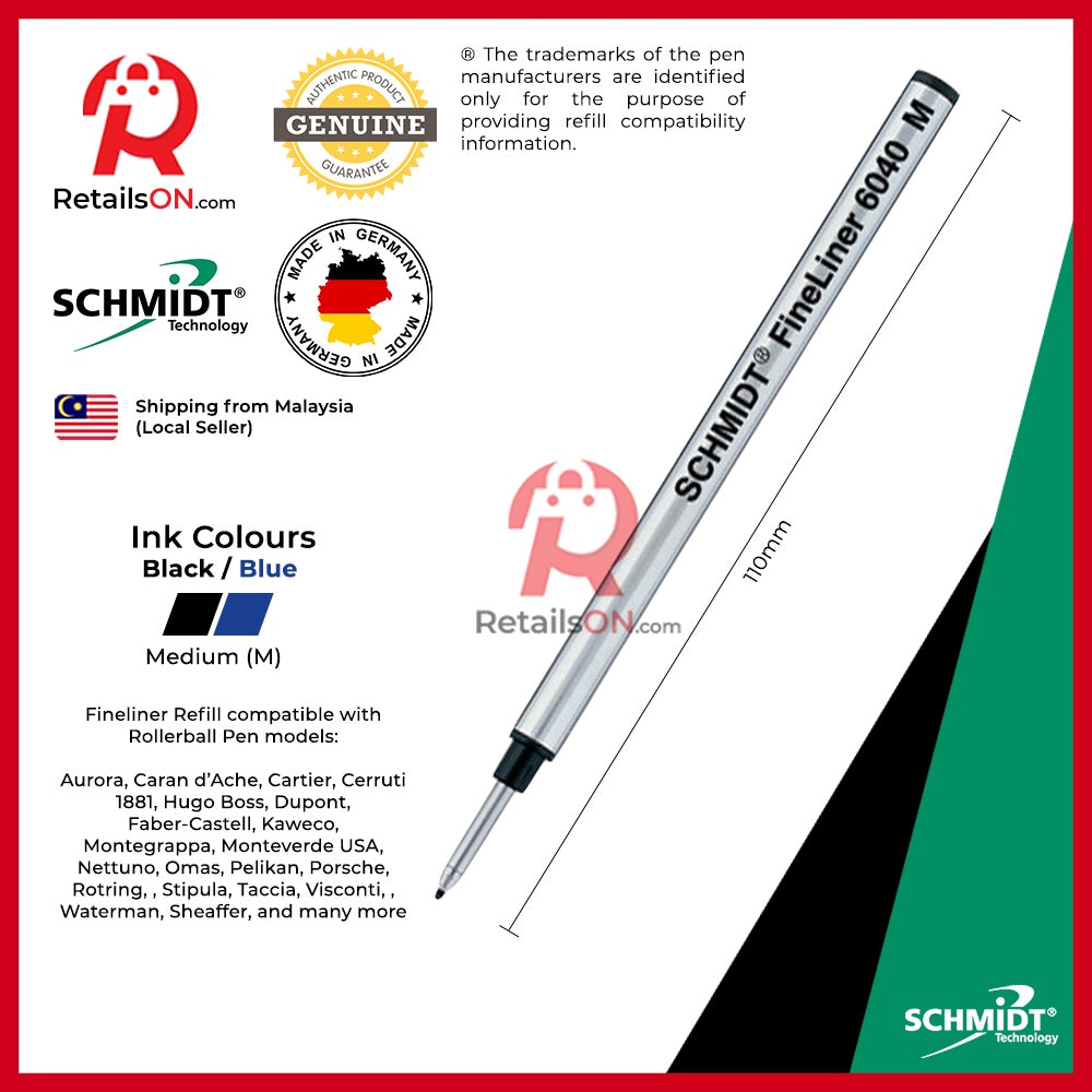 Schmidt Refill 6040M Fineliner Refill for Rollerball Pens - Medium (M) - Black/Blue | For Hugo Boss®, Cerruti 1881®&More - RetailsON.com (Premium Retail Collections)