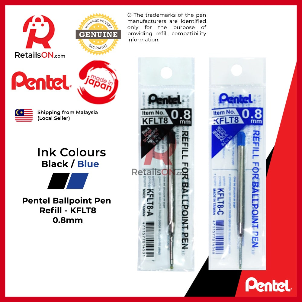 Pentel KFLT8 Refill Ballpoint - 0.8mm - Black/Blue (ORIGINAL) | [RetailsON] - RetailsON.com (Premium Retail Collections)