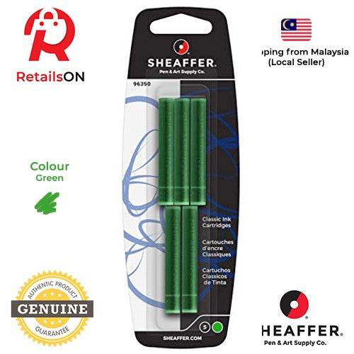 Sheaffer Skrip Fountain Pen Classic Ink Cartridge - Green / [1 Pack of 5] (ORIGINAL) - RetailsON.com (Premium Retail Collections)